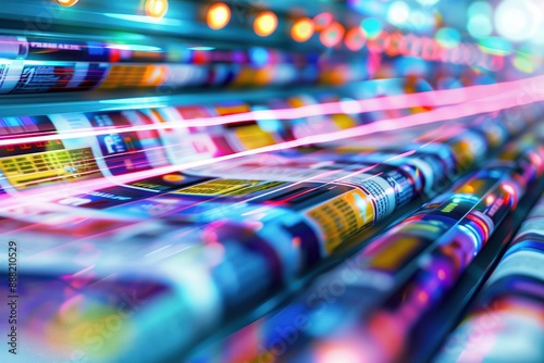 Colorful printing press machine in motion, producing vivid and vibrant images on paper in a high-speed commercial print setting.
