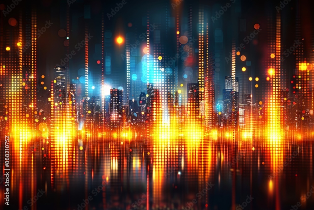 Fototapeta premium Abstract digital art with glowing lights and cityscape elements, creating a futuristic urban scene.