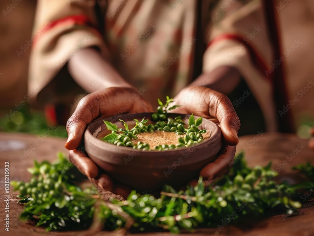 Close-up of a person holding a clay bowl filled with fresh herbs, symbolizing nature, health, and organic living. Close-up of a person holding a clay bowl filled with fresh herbs, symbolizing nature, health, and organic living.