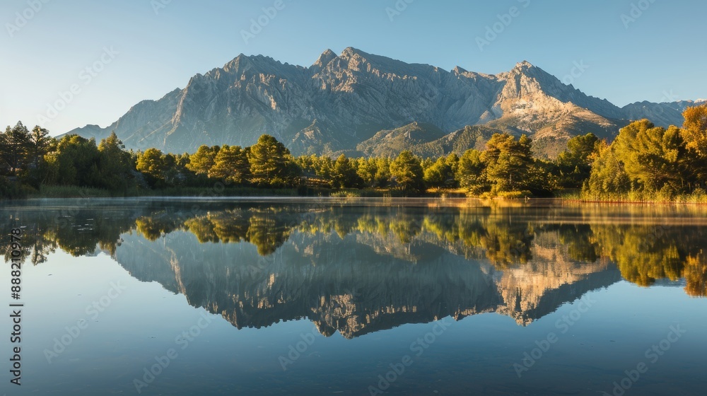 Wide view of a mountain reflected in a calm lake. Wide view of a mountain reflected in a calm lake.
