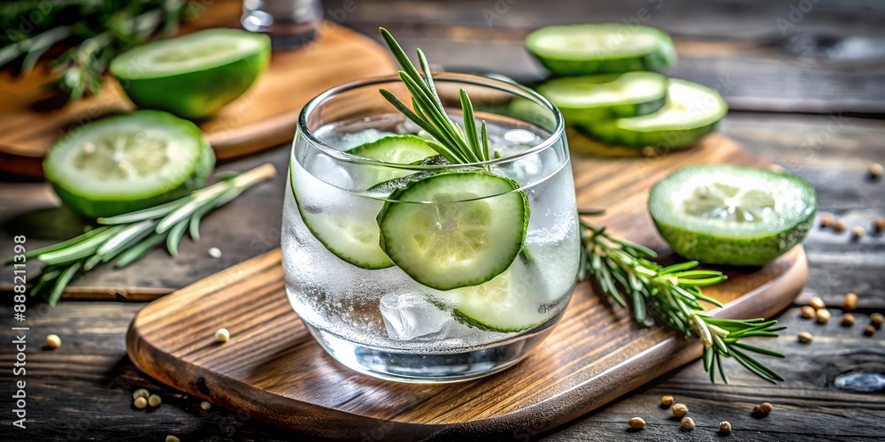 Gin tonic with rosemary and sliced cucumber, bar view Gin tonic with rosemary and sliced cucumber, bar view