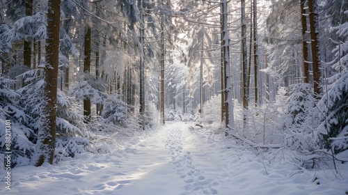 A serene winter forest path covered in snow with tall trees lining the way during a bright, sunny day