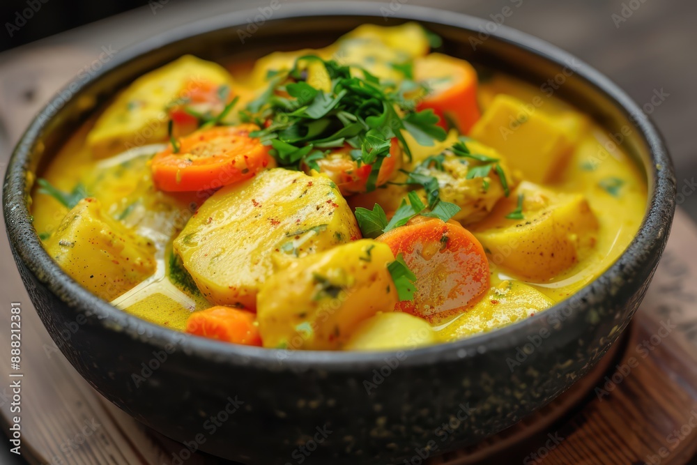Yellow Curry flying apart, with potatoes, carrots, and a creamy, golden sauce showcasing a warm and flavorful explosion Yellow Curry flying apart, with potatoes, carrots, and a creamy, golden sauce showcasing a warm and flavorful explosion