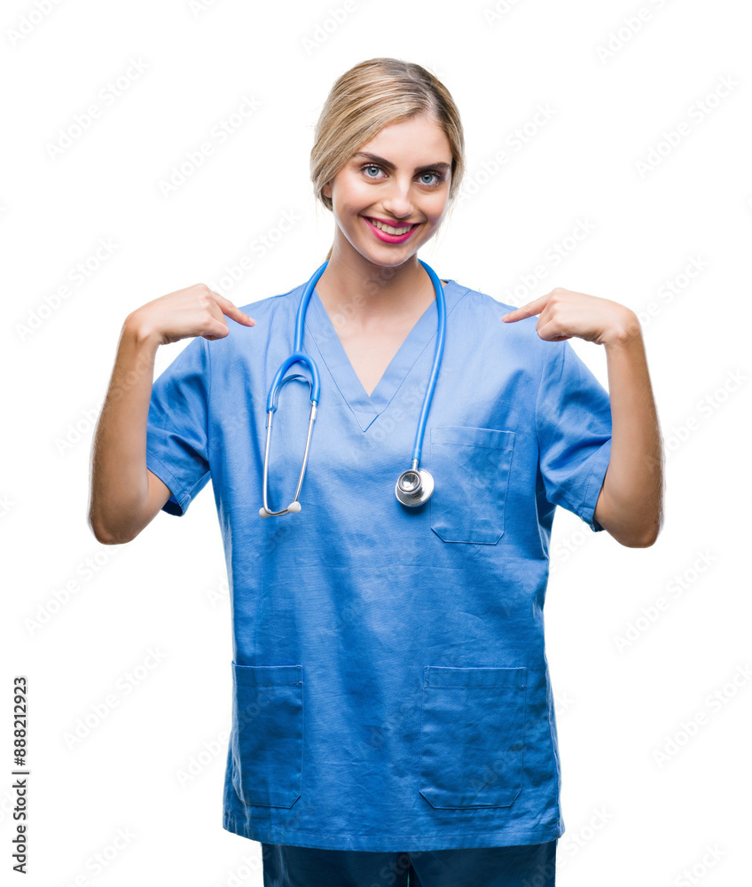Young beautiful blonde doctor surgeon nurse woman over isolated background looking confident with smile on face, pointing oneself with fingers proud and happy. Young beautiful blonde doctor surgeon nurse woman over isolated background looking confident with smile on face, pointing oneself with fingers proud and happy.