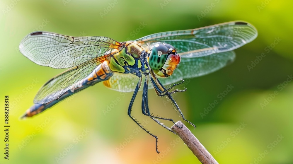 Close-up of a dragonfly on a stem. Close-up of a dragonfly on a stem.