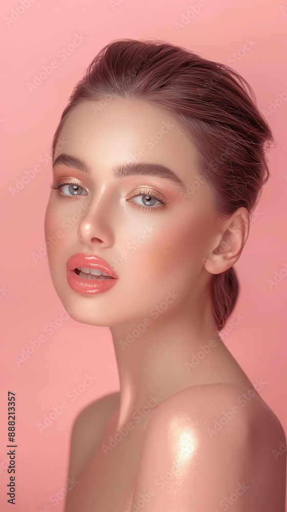 Young Woman with Flawless Skin and Perfect Makeup, Elegant Beauty Portrait, Soft Pink Background, Chic Hairstyle, Radiant and Fresh Look, Fashion Photography Young Woman with Flawless Skin and Perfect Makeup, Elegant Beauty Portrait, Soft Pink Background, Chic Hairstyle, Radiant and Fresh Look, Fashion Photography