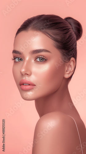 Young Woman with Flawless Skin and Perfect Makeup, Elegant Beauty Portrait, Soft Pink Background, Chic Hairstyle, Radiant and Fresh Look, Fashion Photography