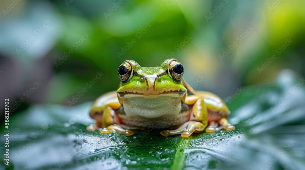 Close-up of a frog on a leaf. Close-up of a frog on a leaf.