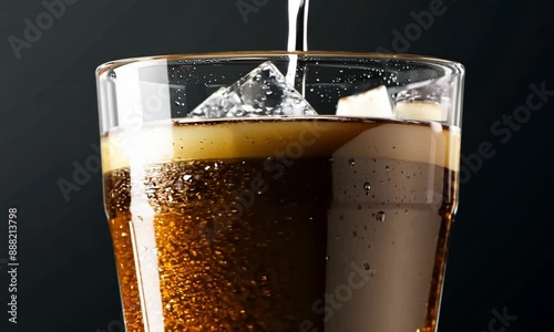 A refreshing glass of coffee with ice cubes, condensation on the sides, and a foamy top, against a dark background photo