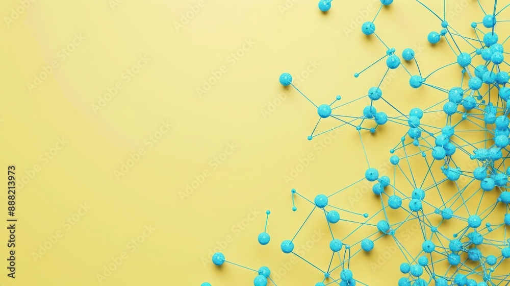 Fototapeta premium Electric blue dots linked by cyan threads on a soft yellow canvas, text space in the top right