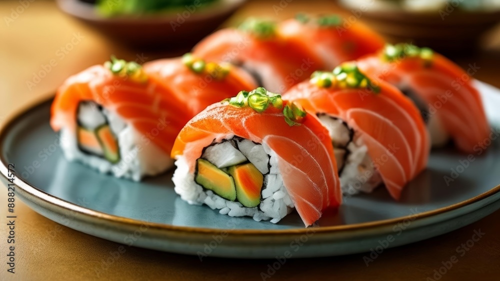 Deliciously crafted sushi rolls ready to be savored Deliciously crafted sushi rolls ready to be savored