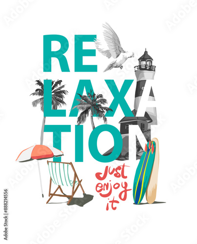 relaxation slogan with beach chair and palm trees hand drawn vector illustration for fashion print