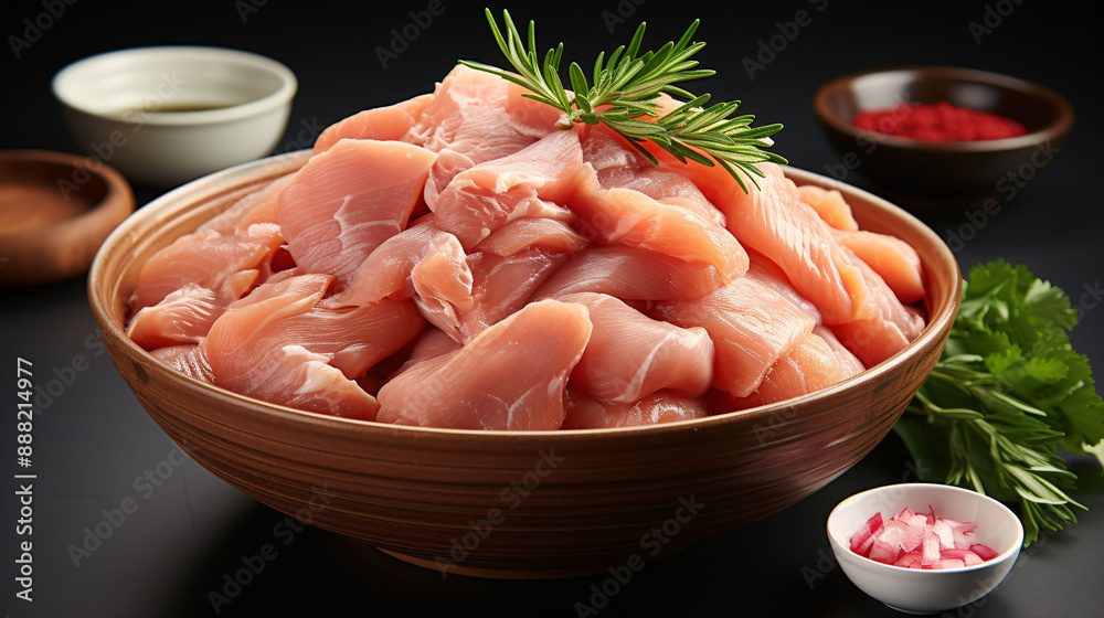 Bowl of raw cut chicken fillet isolated on white background Bowl of raw cut chicken fillet isolated on white background