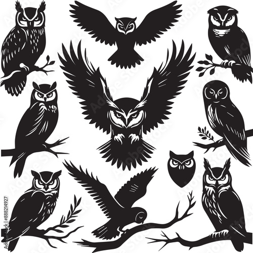 owl silhouette vectors on a white page high quality high resolution, black color isolated on white background