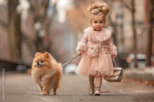 Fototapeta Naklejka Na Ścianę i Meble -  The girl grows up

The photo shows a girl dressed like an adult woman. She walks down the street, leading a small fluffy dog ​​on a leash. The girl is wearing a pink ruffled dress, a fluffy pink coat 