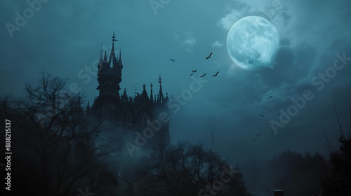 spooky halloween night, hunted Gothic castle at night in full moon, haunted palace or mansion for dark blue background. 