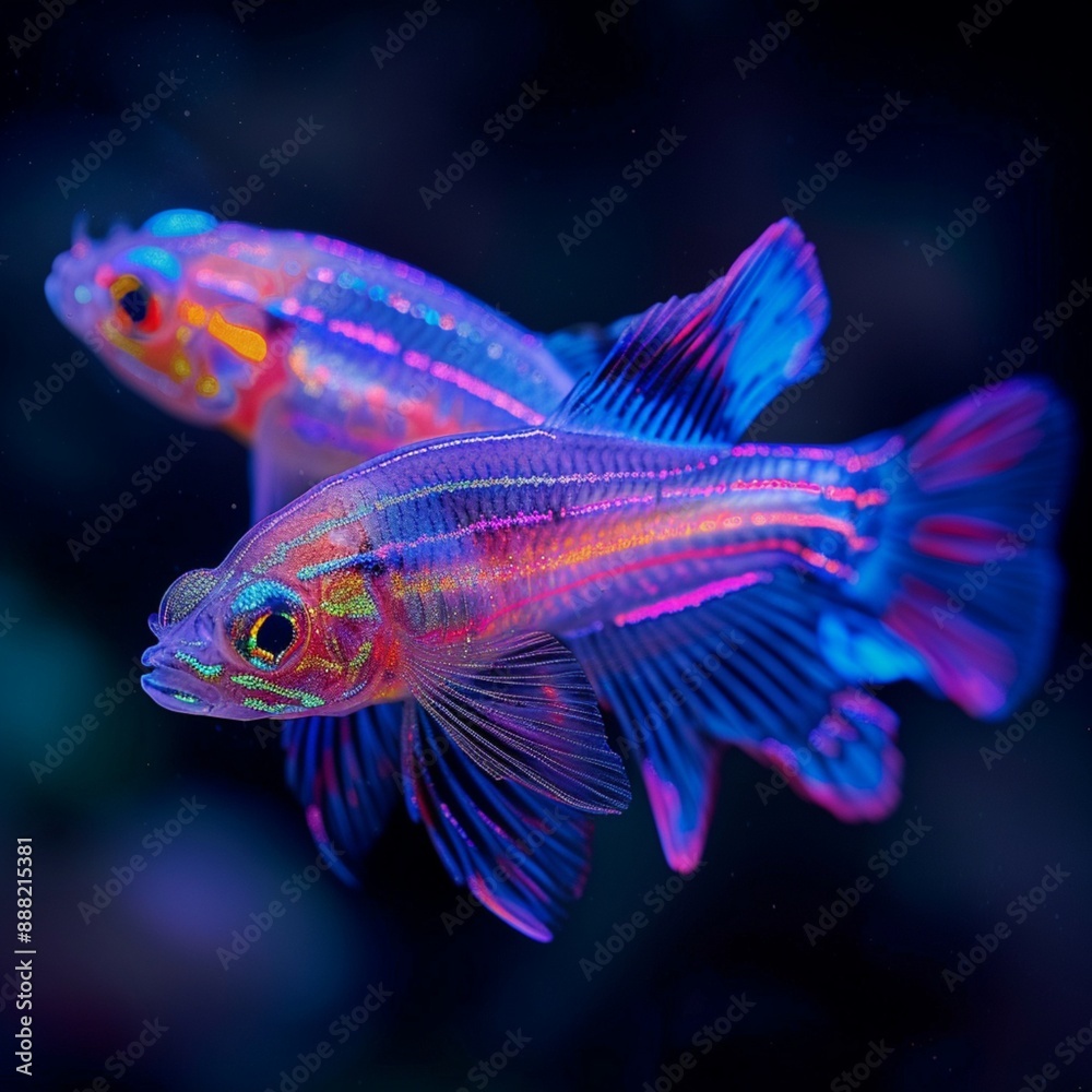 Zebra fish swimming in water neon light photo