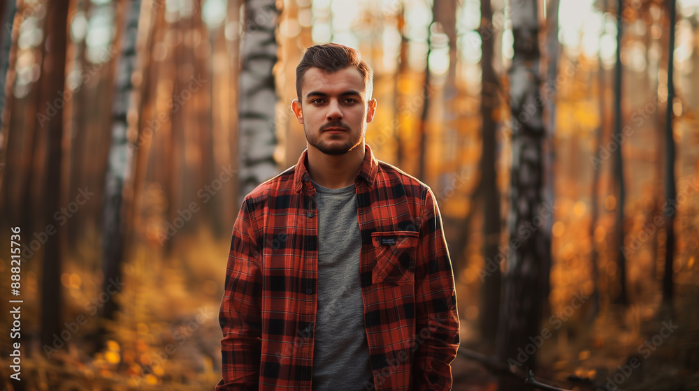 portrait of a handsome young man standing in a forest looking at camera