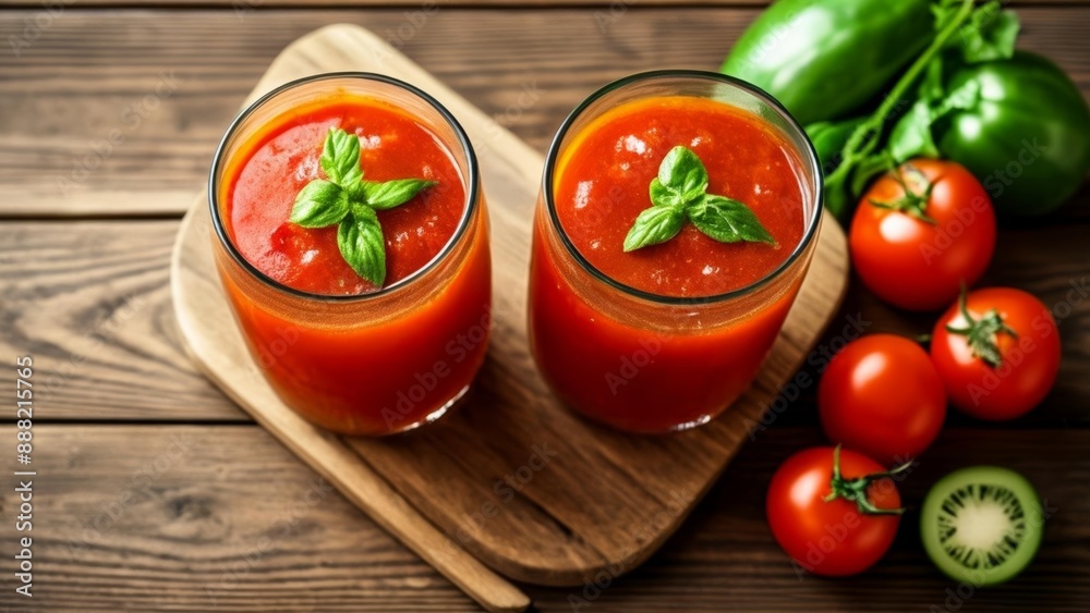 Freshly made tomato soup with basil ready to be savored Freshly made tomato soup with basil ready to be savored