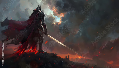 Icon of the legendary sword wielding hero standing valiantly against a dark horizon ar7 4 Generative AI photo