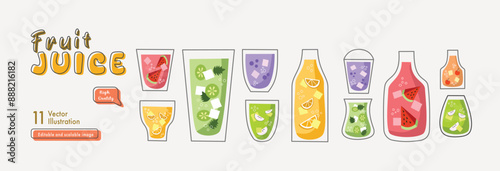 Fruit juice collection set. Fresh juice drink. Bottle of juice. Glass of juice. Healthy drink Illustration.