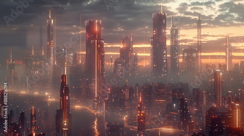 A bustling cityscape at dusk with glowing skyscrapers