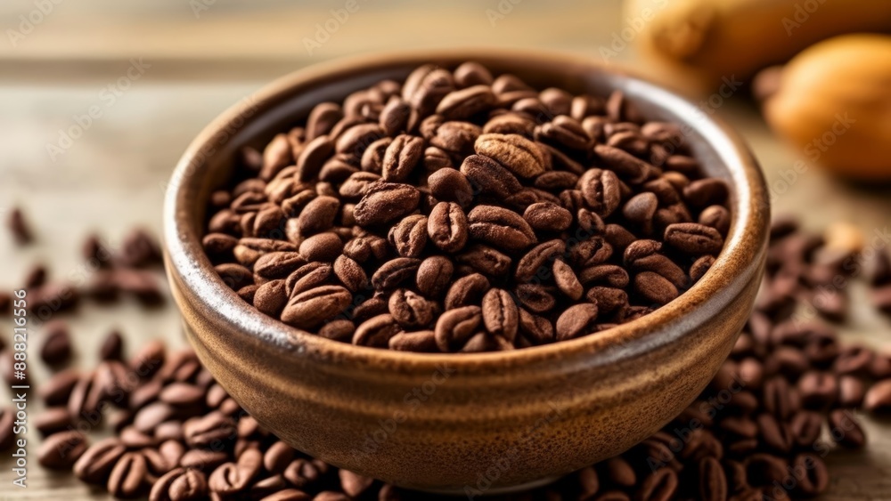Fototapeta premium Aromatic coffee beans in a wooden bowl ready to brew
