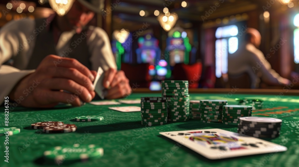 High-Stakes Poker Game at Casino Table with Dealer in Action