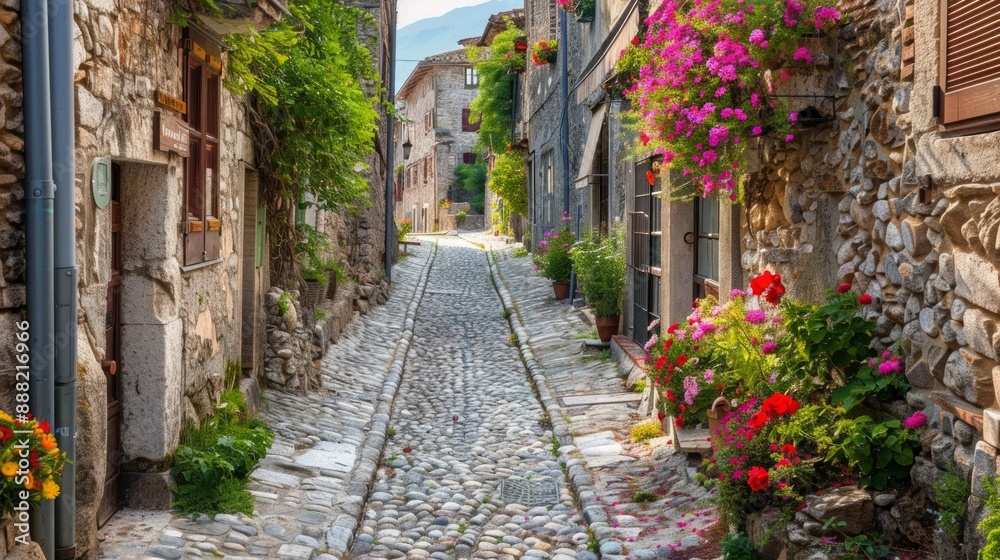 An ancient cobblestone road in a medieval village, lined with quaint stone houses and blooming flowers. The road leads to a historic castle in the distance. An ancient cobblestone road in a medieval village, lined with quaint stone houses and blooming flowers. The road leads to a historic castle in the distance.