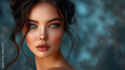 Close-Up of Woman with Intense Blue Eyes - Captivating Beauty Portrait Featuring Striking Eye Color, Perfect Skin, and Stylish Makeup, High-Quality Fashion Photography © iamfrk7