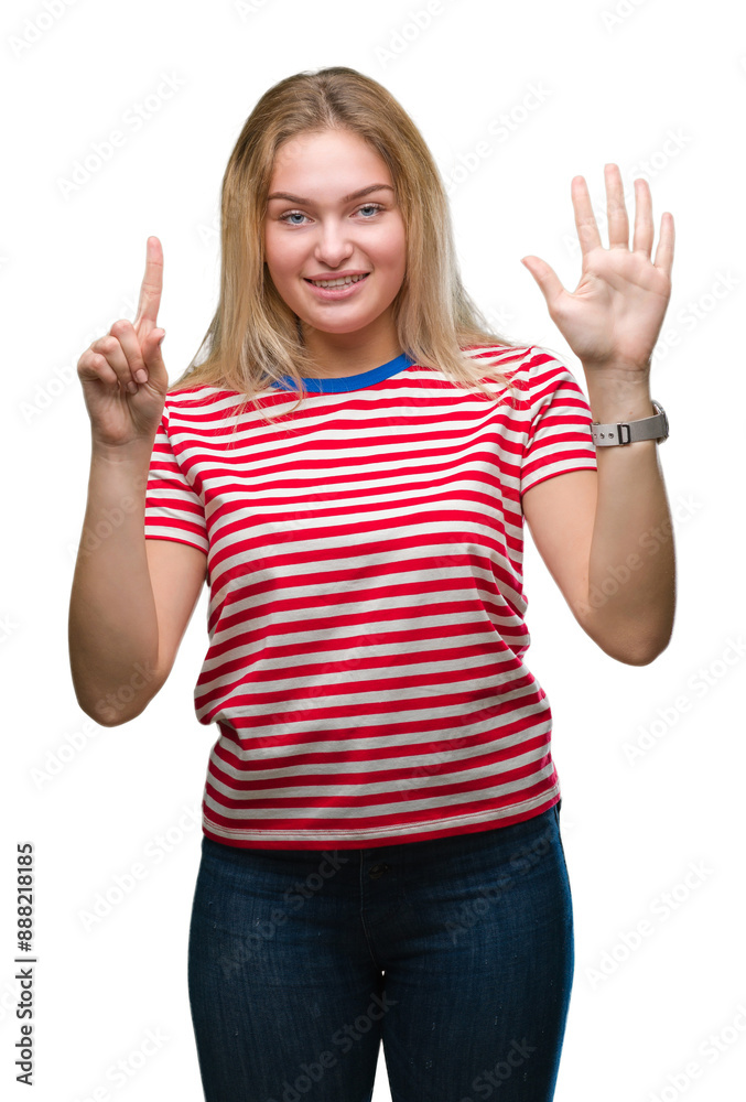 Young caucasian woman over isolated background showing and pointing up with fingers number six while smiling confident and happy. Young caucasian woman over isolated background showing and pointing up with fingers number six while smiling confident and happy.