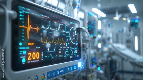 Close-Up of Hospital Device Monitor: Intricate Medical Healthcare System with Vital Signs Display