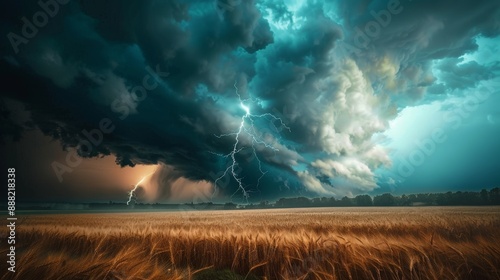 Wide shot of a dramatic lightning storm over a field.