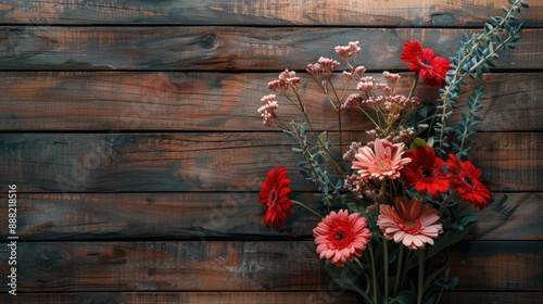 Rustic Wooden Background with Vibrant Floral Arrangement