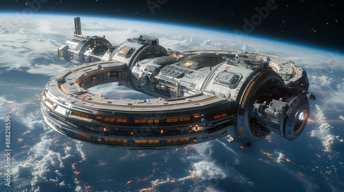 A futuristic space hotel orbits Earth, showcasing its luxurious amenities and breathtaking views of the planet below.