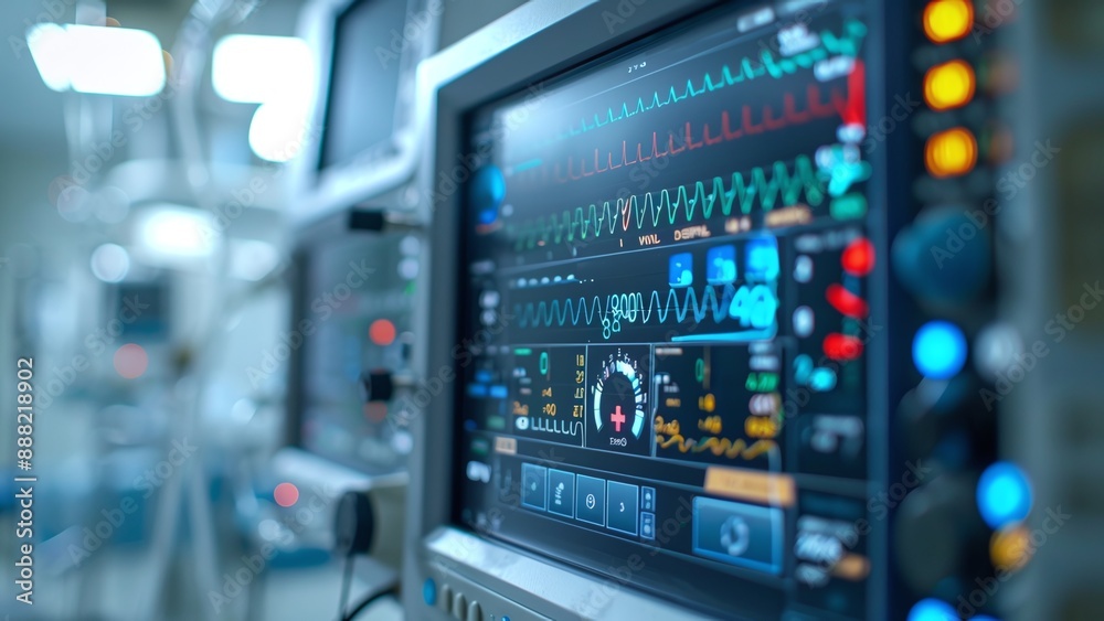 Close-Up of Hospital Device Monitor: Intricate Medical Healthcare System with Vital Signs Display Close-Up of Hospital Device Monitor: Intricate Medical Healthcare System with Vital Signs Display