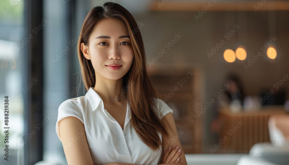 Professional woman standing confidently in a modern office space