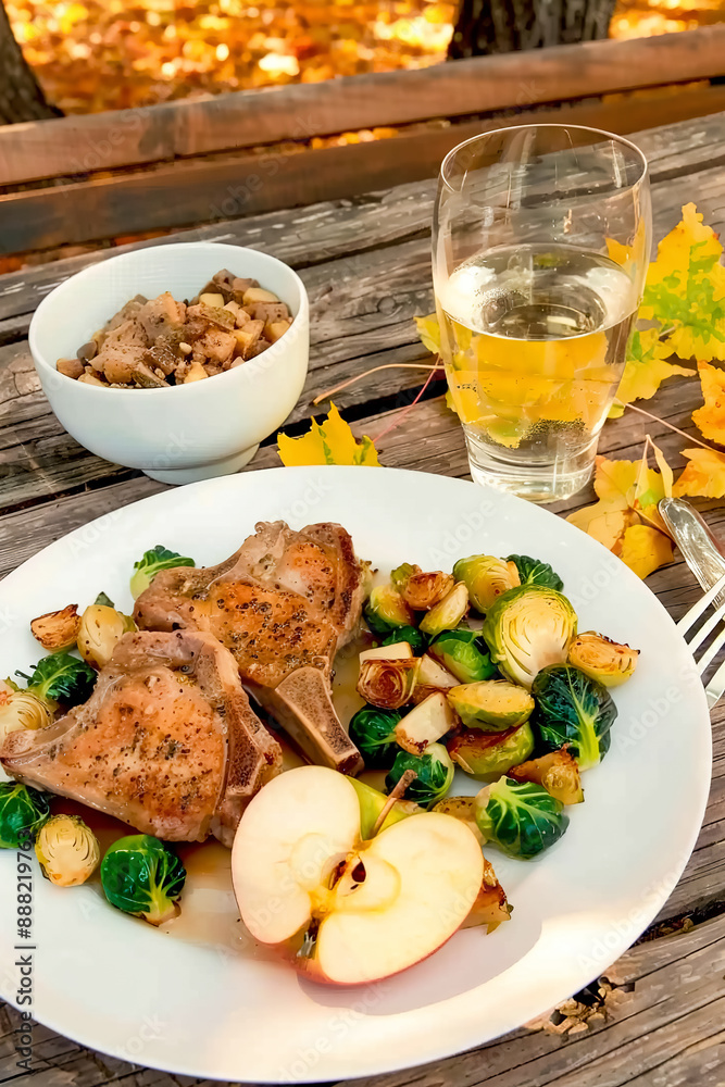 Fried pork chops with Brussels sprouts, apples and a glass of white wine on a white plate among autumn leaves at a picnic Fried pork chops with Brussels sprouts, apples and a glass of white wine on a white plate among autumn leaves at a picnic