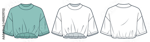 Cropped T-Shirt technical fashion Illustration. Crop Top fashion flat tehnical drawing template, round neck, front and back view, white, green, women, men, unisex Top CAD mockup set.