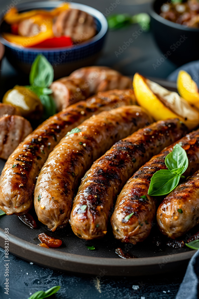 Grilled sausages with vegetables and herbs on a black plate. Grilled sausages with vegetables and herbs on a black plate.