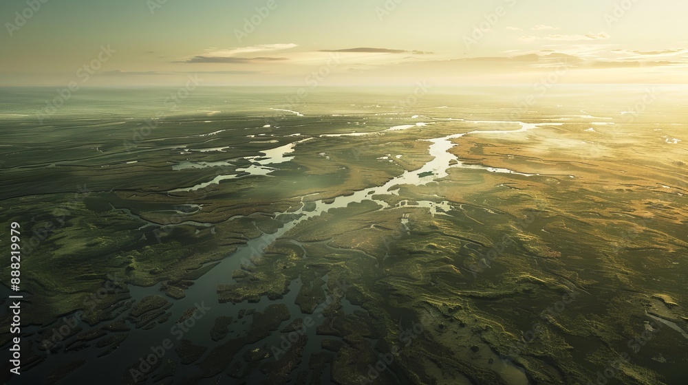 Aerial view of a serene river winding through lush green landscapes during sunset