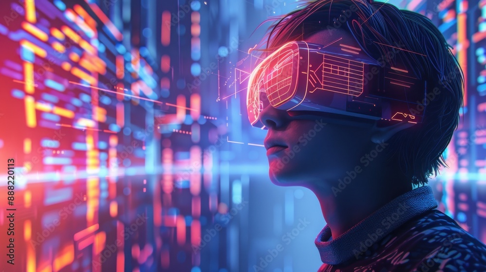 Person with VR headset in futuristic digital cityscape Person with VR headset in futuristic digital cityscape