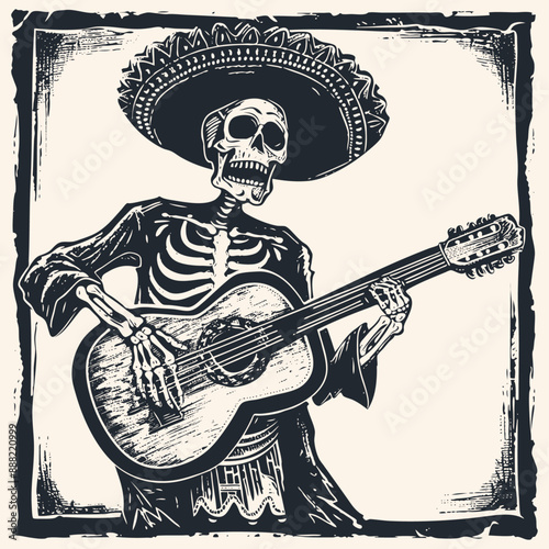 A black and white skeleton playing a guitar while wearing a sombrero, vector illustration.