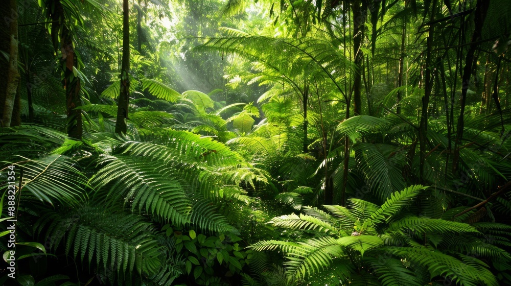 Lush green ferns in a tropical rainforest with sunlight filtering through the canopy Lush green ferns in a tropical rainforest with sunlight filtering through the canopy