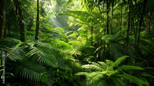 Lush green ferns in a tropical rainforest with sunlight filtering through the canopy