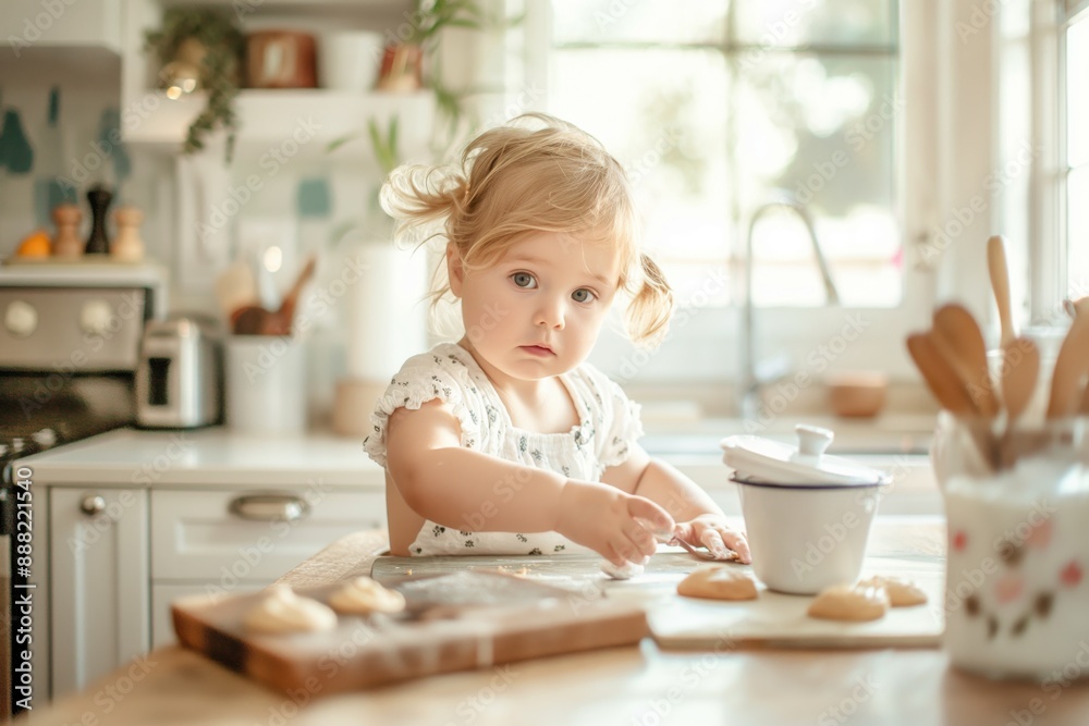 Little girl baking in sunlit kitchen, focused child making cookies, warm and cozy, family bonding, baking concept Little girl baking in sunlit kitchen, focused child making cookies, warm and cozy, family bonding, baking concept