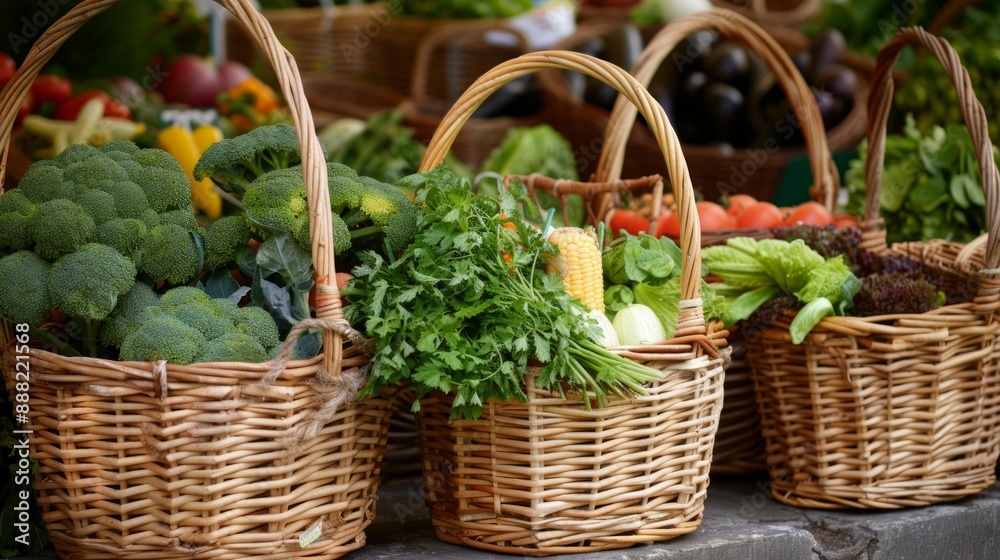 Freshly picked vegetables in wicker baskets at a farmers market Freshly picked vegetables in wicker baskets at a farmers market