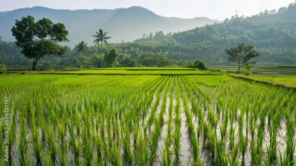 Lush green rice paddy fields in a mountainous landscape at dawn