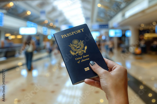 Hand holding a US passport at the airport and international terminal in the background.