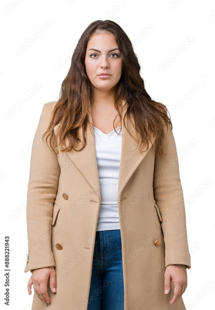 Beautiful plus size young woman wearing winter coat over isolated background Relaxed with serious expression on face. Simple and natural looking at the camera. Beautiful plus size young woman wearing winter coat over isolated background Relaxed with serious expression on face. Simple and natural looking at the camera.